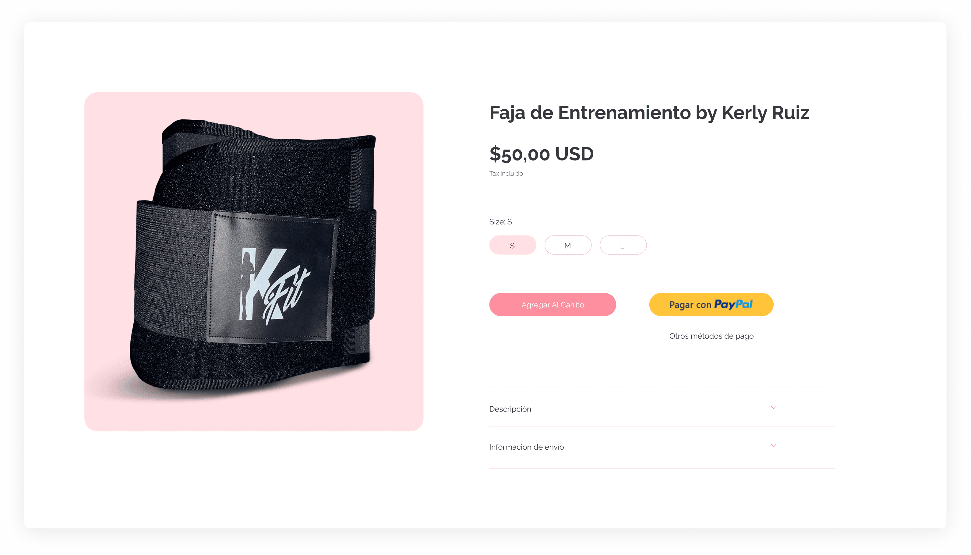 Página producto faja entrenamiento Kerly Ruiz $50 USD desarrollada en Shopify con botones compra