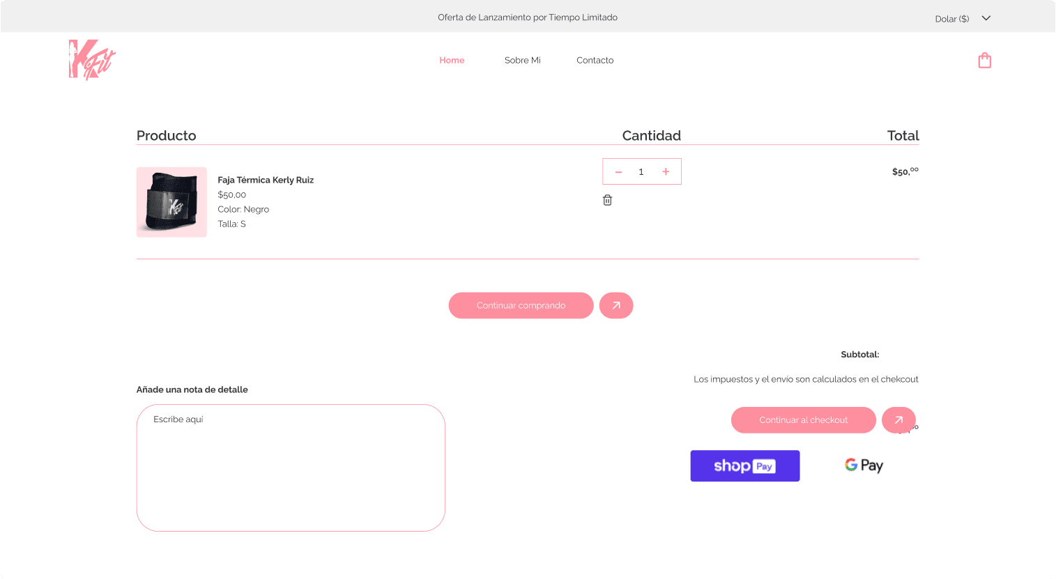 Carrito compras Shopify faja entrenamiento con opciones envío y proceso checkout
