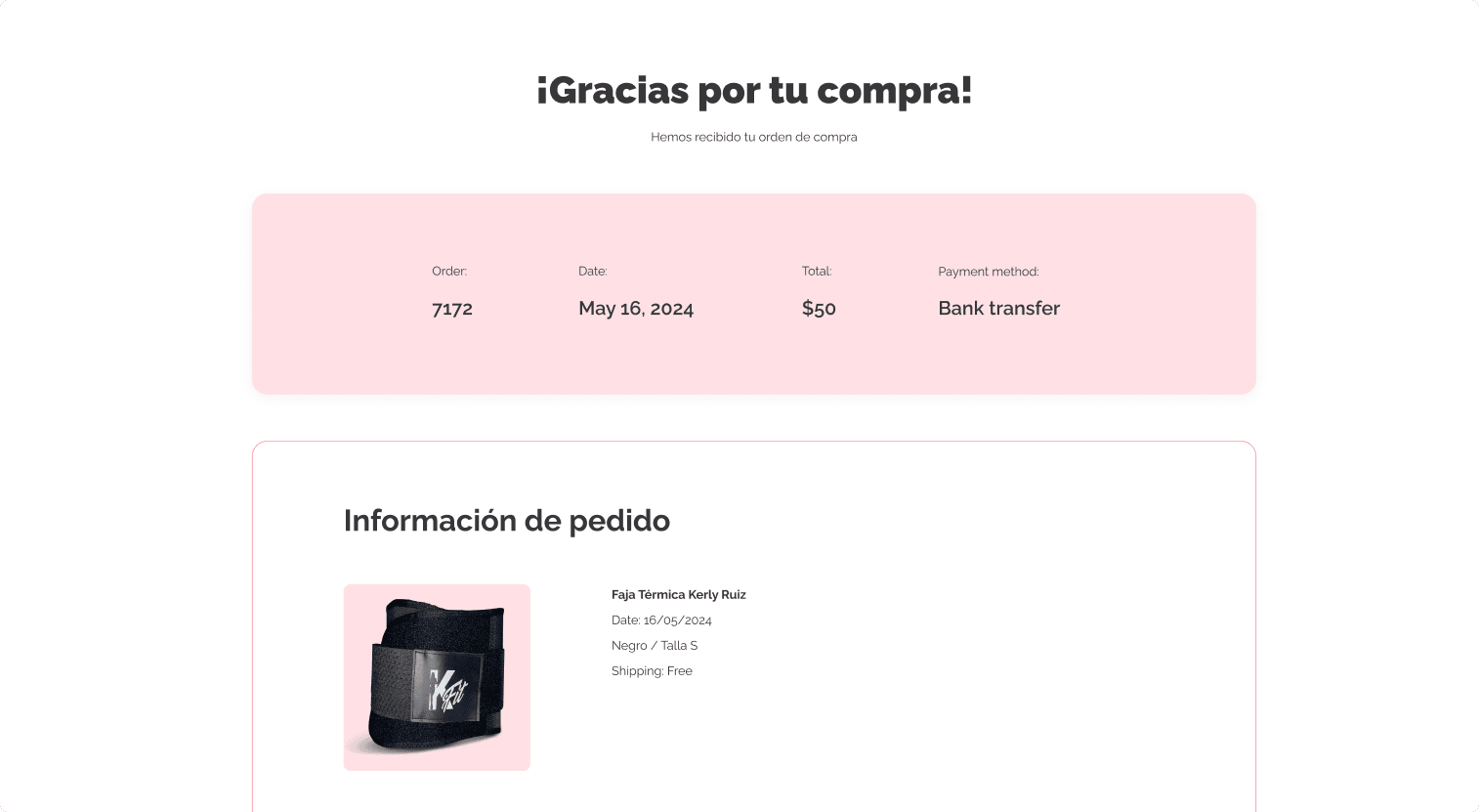 Página confirmación compra Shopify gracias por tu compra faja Kerly Ruiz