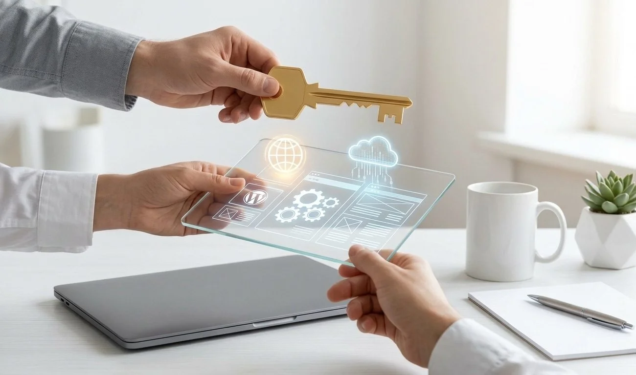 Gráfico que muestra la estructura de los activos digitales de un negocio, abarcando dominio, hosting y bases de datos.